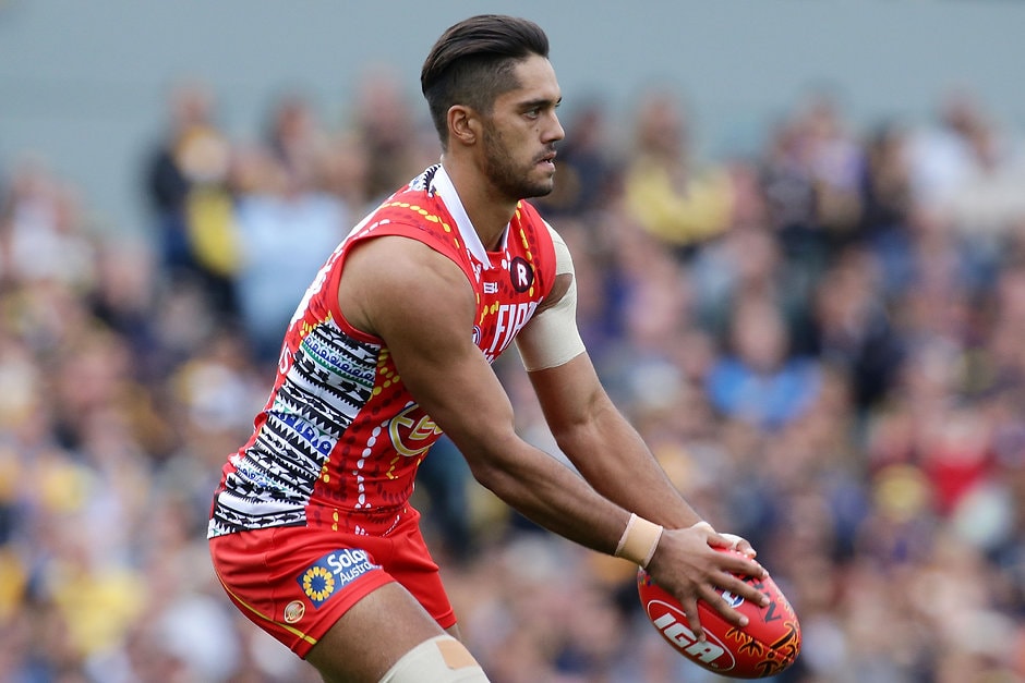 AFL 2016 Rd 10 - West Coast v Gold Coast PERTH, AUSTRALIA - MAY 29: Aaron Hall of the Suns looks to pass the ball during the 2016 AFL Round 10 match between the West Coast Eagles and the Gold Coast Suns at Domain Stadium on May 29, 2016 in Perth, Australia. (Photo by Will Russell/AFL Media)